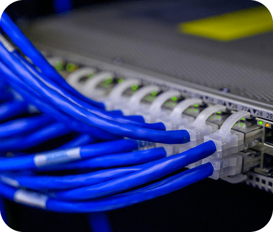 Fiber-optic cables connected to a network switch